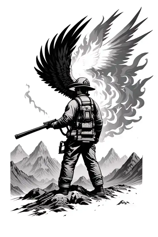 Firefighter And Mountains Rising Phoenix From Fire