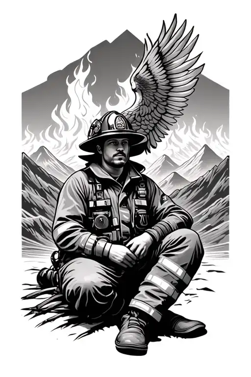 Firefighter Sitting With Mountains Behind And Rising Phoenix From Fire