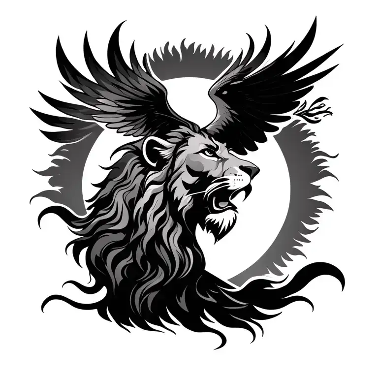 Lion King With Sun Rising Phoenix Bird