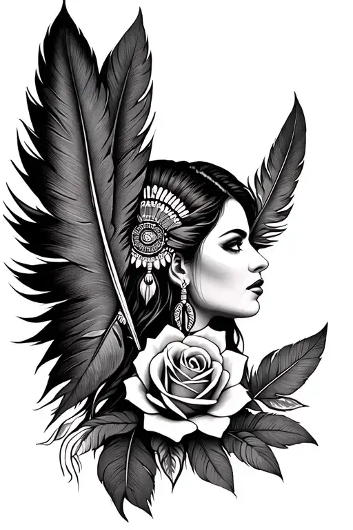 Roses Native American Feather Beautiful Woman