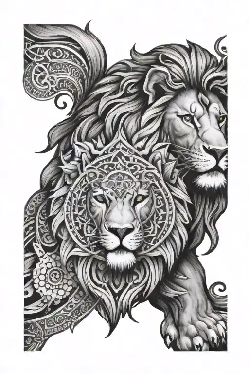 Lion And Mandala Design Incorporating Elements