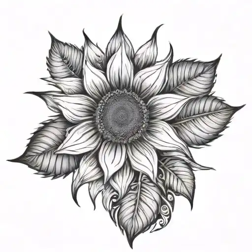 One Sunflower With Leafs Maori Tribal