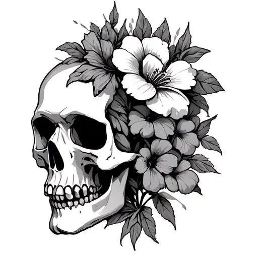 Skull From The Side With Stargazer Flowers