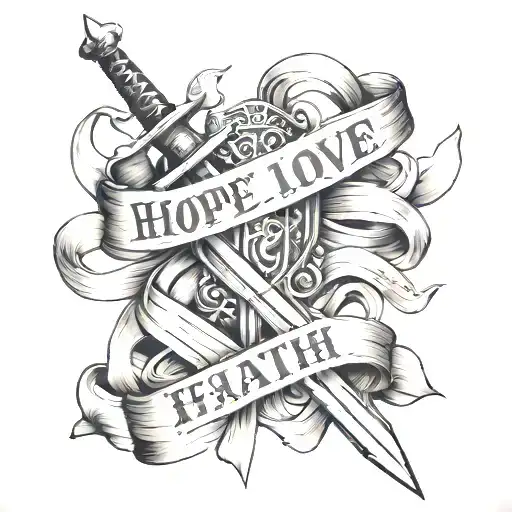 A Sword Wrapped In A Ribbon With The Words 'Hope Love Faith'