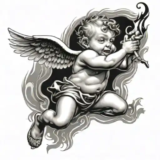 Cupid Boy With Money Bag And Fire Flames Coming Out From Below