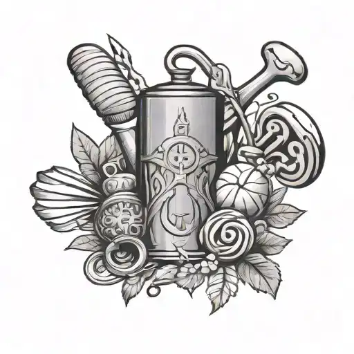 A Tattoo Design Featuring A Historical Baking Tool Surrounded By Wildlife And Nature Elements