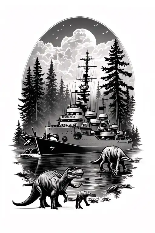 Forest Scene With Dinosaurs And A Navy Destroyer
