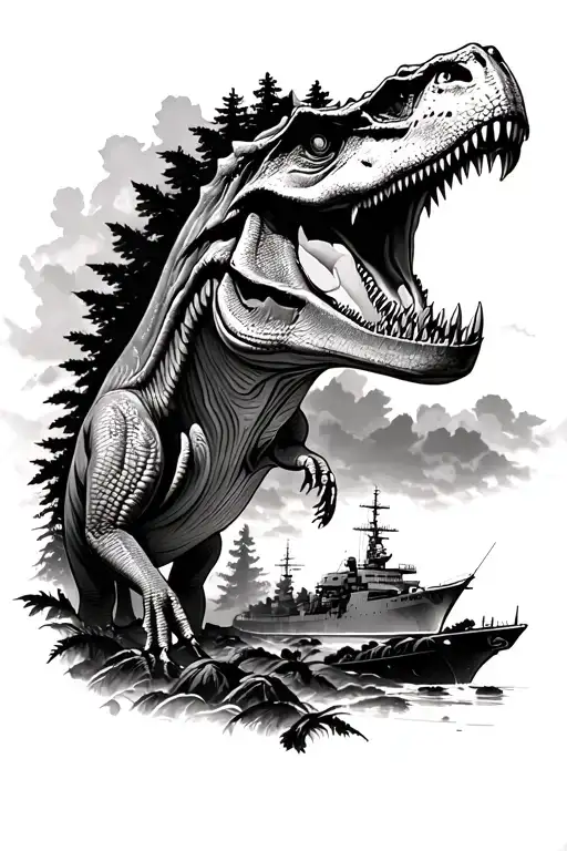 Forest Scene With Realistic Dinosaurs And A Navy Destroyer In The Background