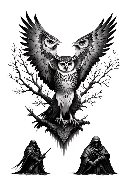 Tree Of Life And Owl Perched And Warrior And Reaper