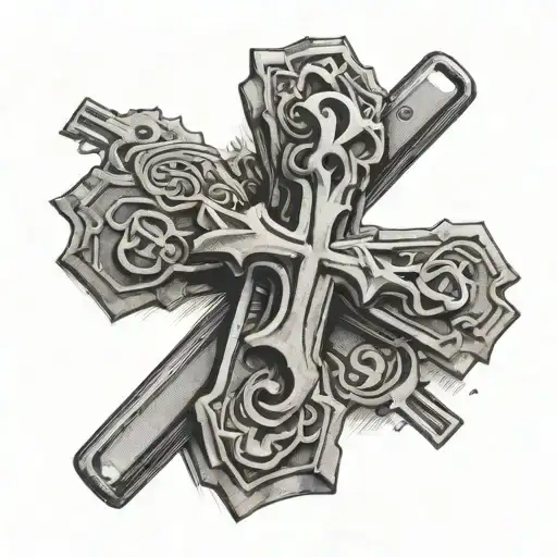 A Tattoo Of A Cross Made Out Of Car Keys And Money Symbols