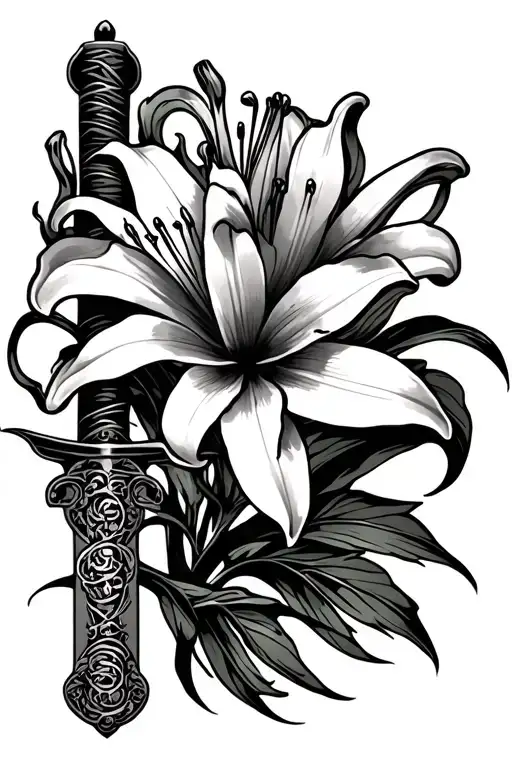 Lily Flower And A Chinese Sword