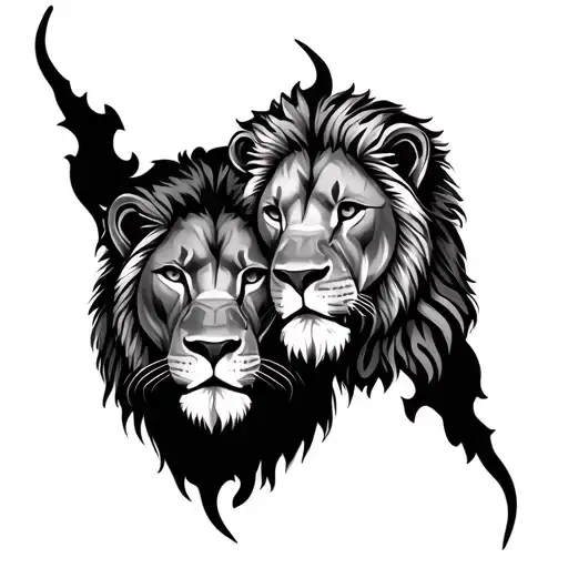 2 Lion Heads Face To Face