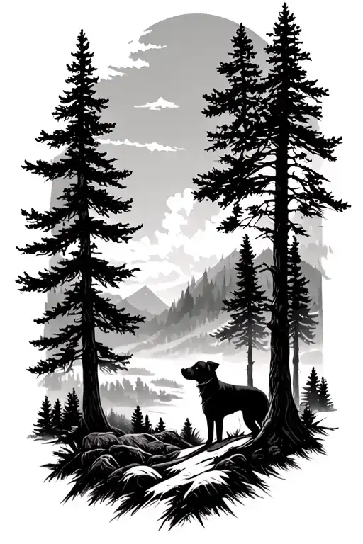 Landscape For Hunting Including Dog And Trees