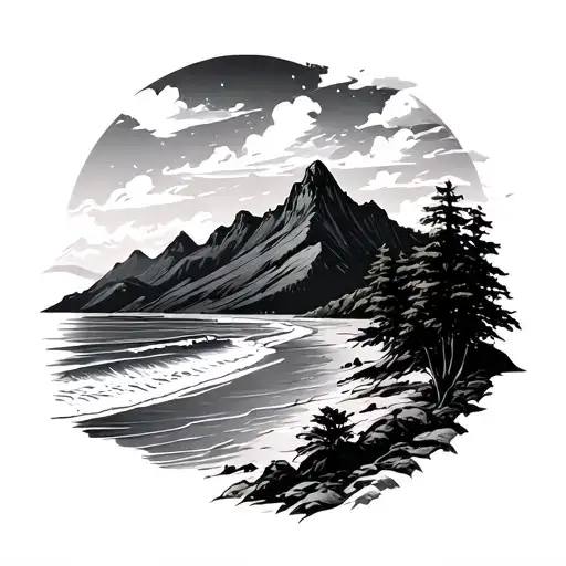 A Tattoo Design With A Mountain Landscape And A Beach Scene