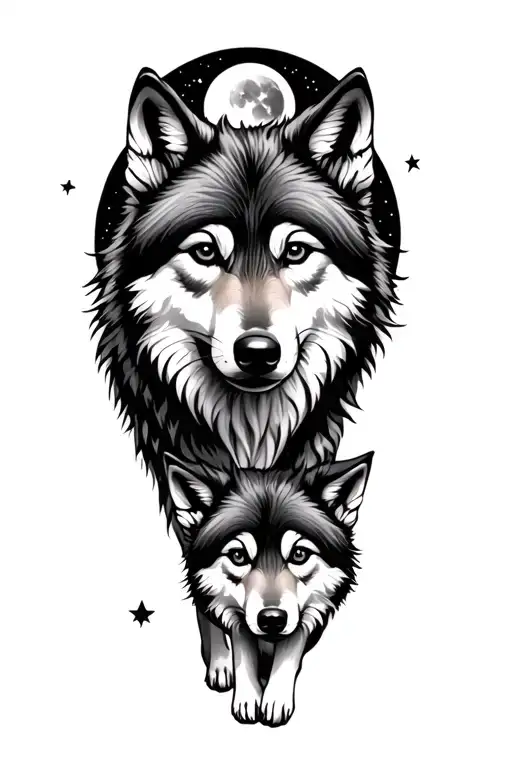 Mom Wolf With 2 Pups And Moon And Stars In Back Ground
