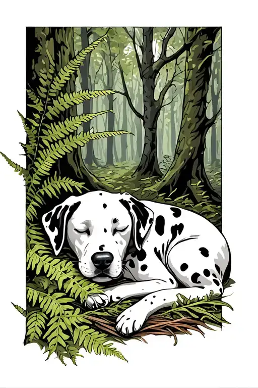 Dalmation Sleeping In Forest With Ferns