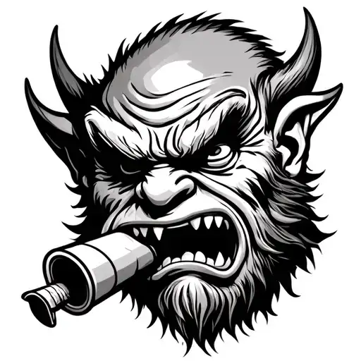 Evil Dwarf Head Showing Teeth And Biting On A Tube