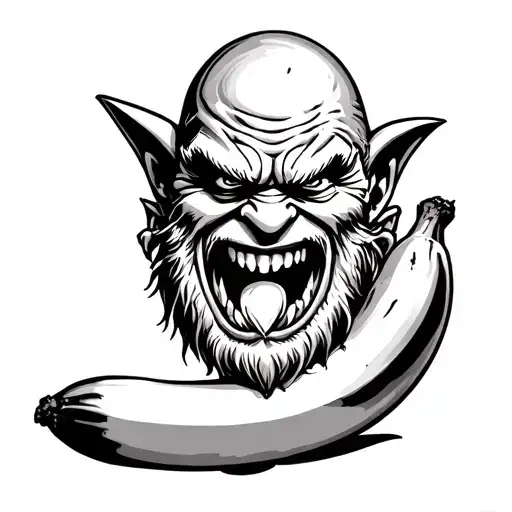 Evil Dwarf Head Showing Teeth And Biting On A Banana