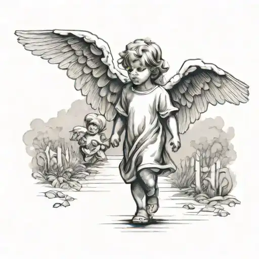 Child And Angel Walking To Heaven Gates