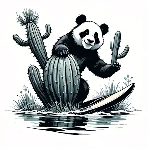 Panda Surfing On A Cactus Growing Amidst