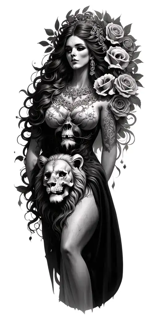 Goddess With Skulls A Lions Head And Roses Intertwined