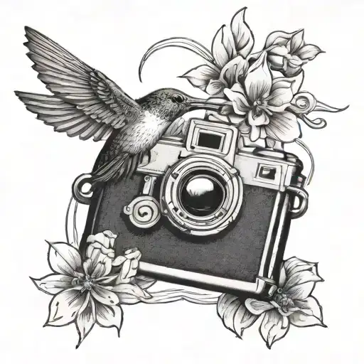 A Delicate Tattoo Of A Hummingbird Hovering Over A Vintage Film Camera