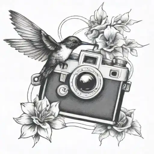 A Delicate Tattoo Of A Hummingbird Hovering Over A Vintage Film Camera