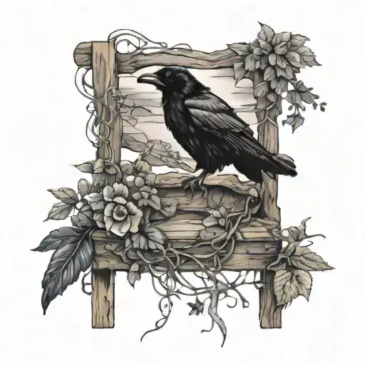 A Broken Wooden Chair With A Raven Perched On It And Vines