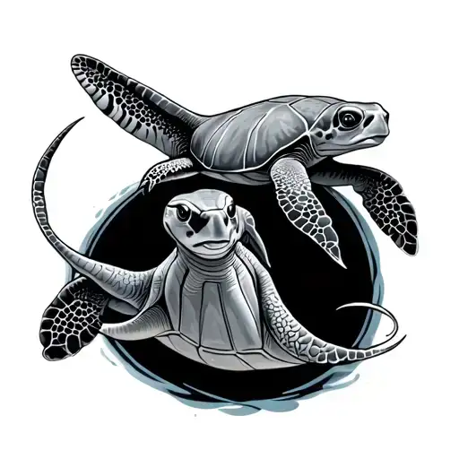 A Stingray And Turtle Swimming Next To Each Other