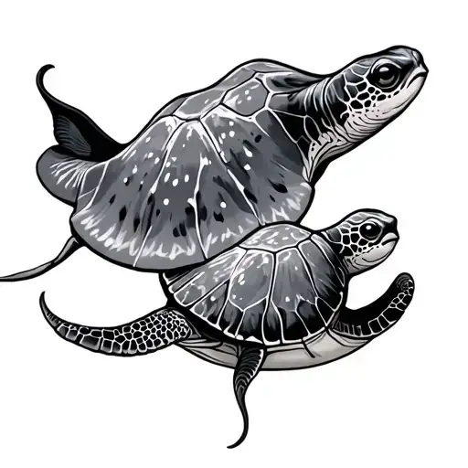 A Stingray And Turtle Swimming Next To Each Other