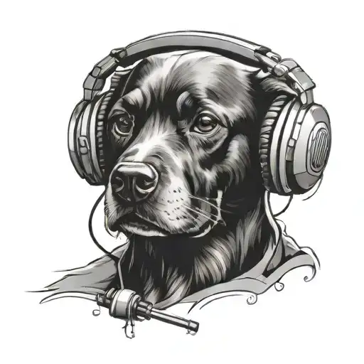 A Black And Grey Portrait Of A Dog Wearing A Headset Playing Video Games