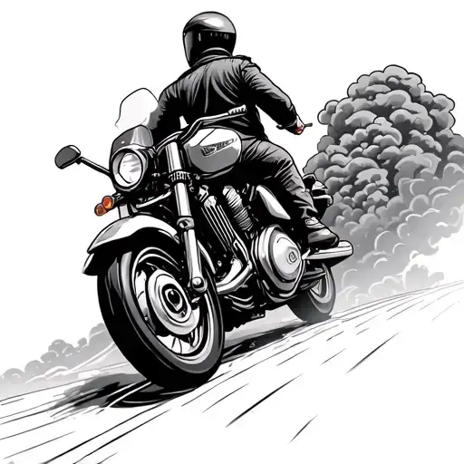 Father Riding Motorcycle From Behind On Winding Road Up Into Clouds