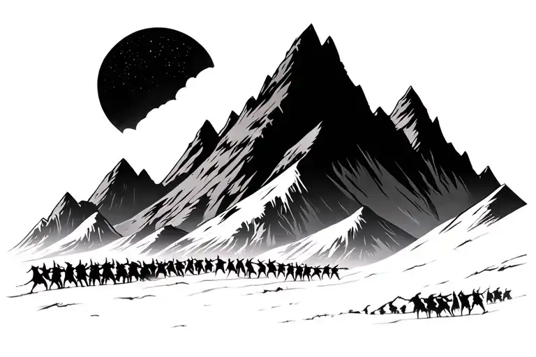 Mountain Range Silhouette With Battle Scene Depicting Norse Style