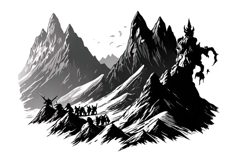 Mountain Range Silhouette With Battle Scene Norse Style And Violent Vikings Nature