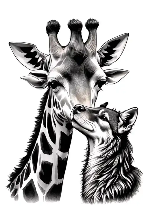 Giraffe And A Small Wolf Touching Noses