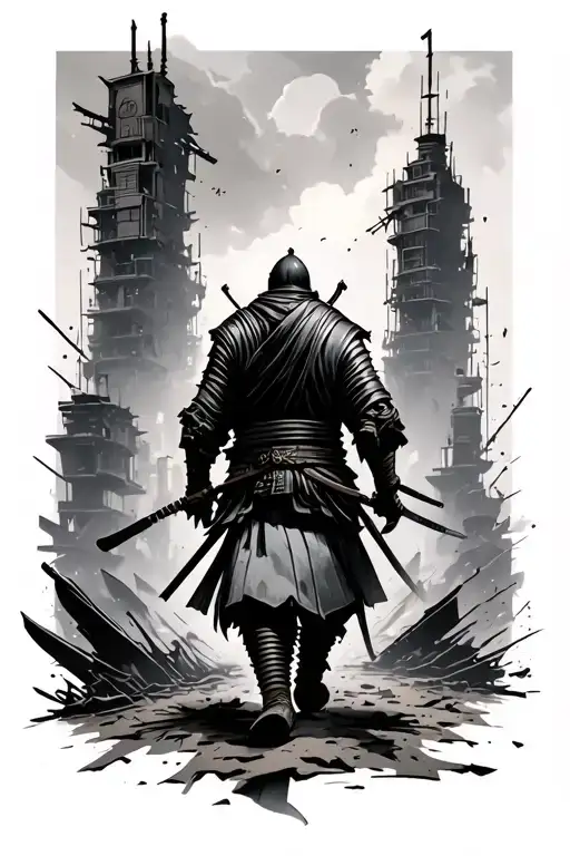 Ronin Samurai Walking Away From Destroyed Dystopian City