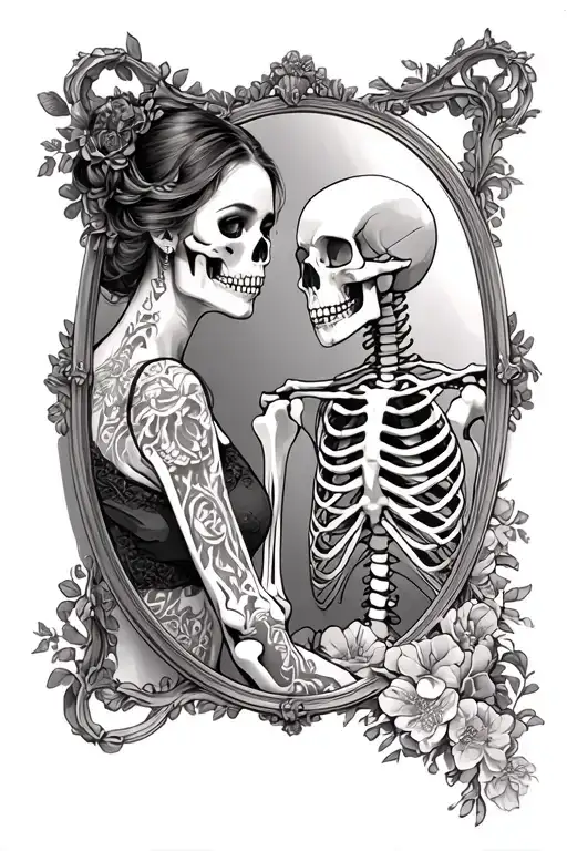 Women Looking In A Mirror And The Reflection Is A Skeleton