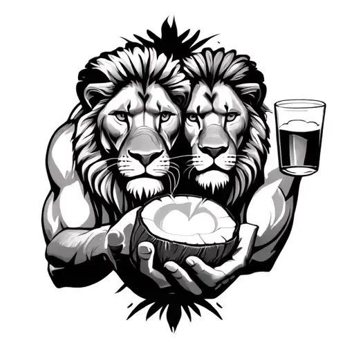 Lions And Haiti Tattoo And Men Drinking Coconut Water In Hand