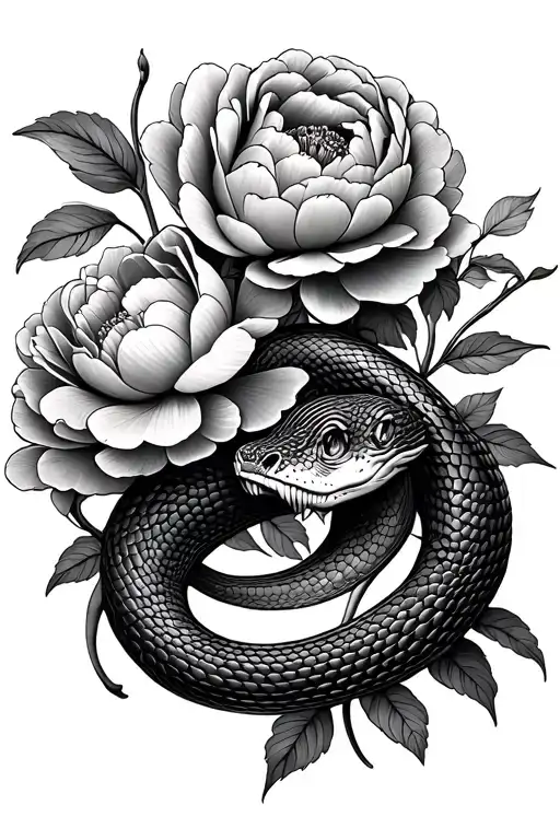 Snake And Peonies Flowers