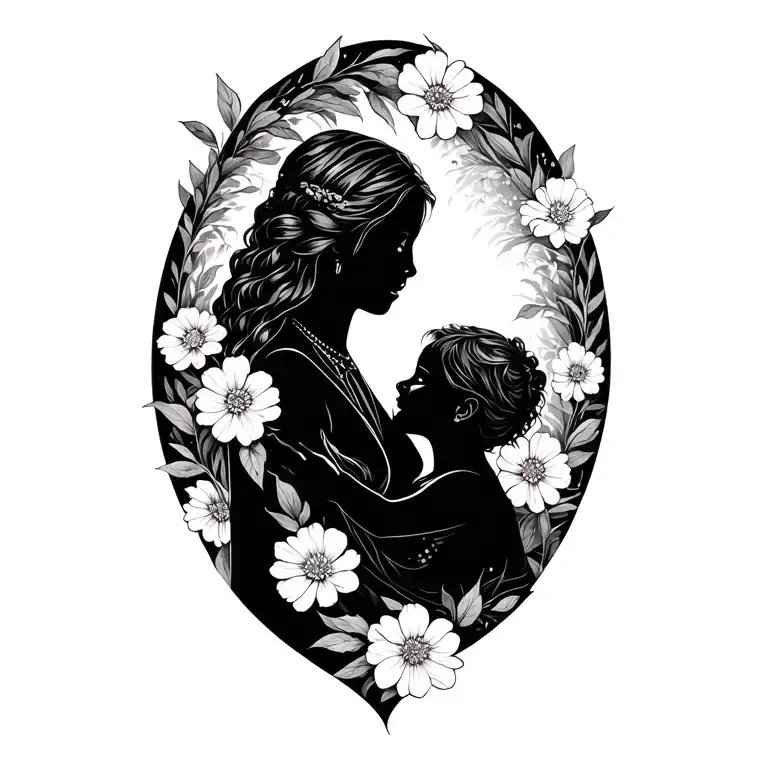 Mother With A Child With Flowers In The Background
