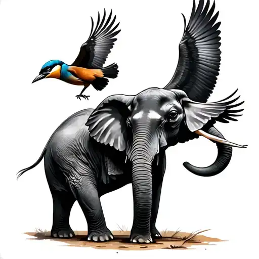 Elephant With Kookaburra Flying Next To It