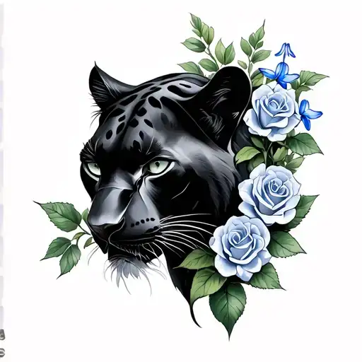 Black Panther And Roses And Bluebells Flower