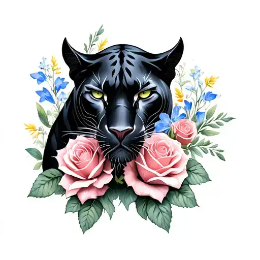 Black Panther And Roses And Bluebells Flower
