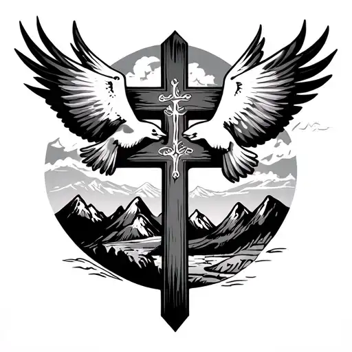 Cross With Doves Flying With Mountains In The Background