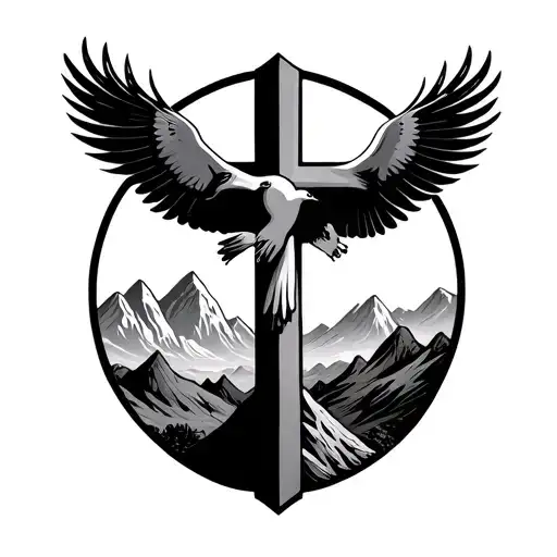 Simple Cross With Doves Flying With Mountains In The Background