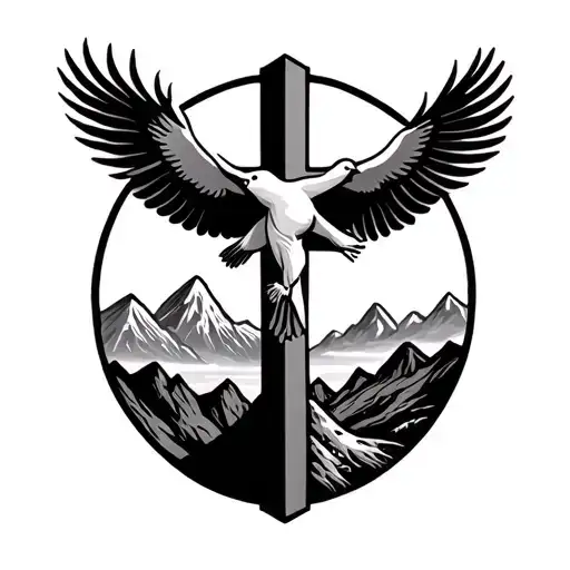 Simple Cross With Doves Flying With Mountains In The Background