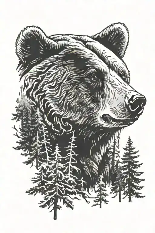 Realistic Bear Face With Night Forest Background In Black And Grey