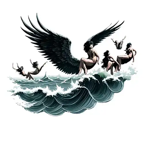 A Surreal Scene Of A Group Of People Floating In The Sky With Wings Made Of Ocean Waves