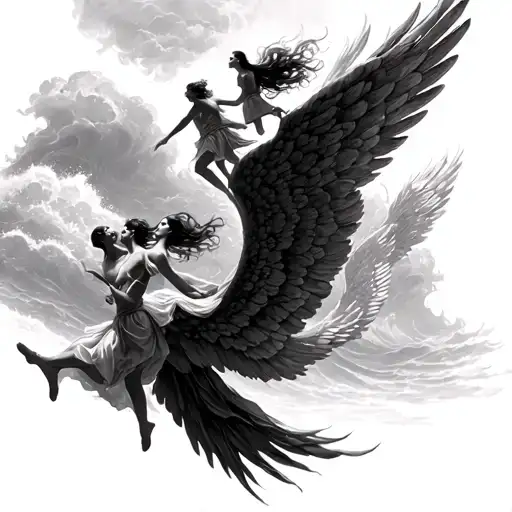 A Surreal Scene Of A Group Of People Floating In The Sky With Wings Made Of Ocean Waves