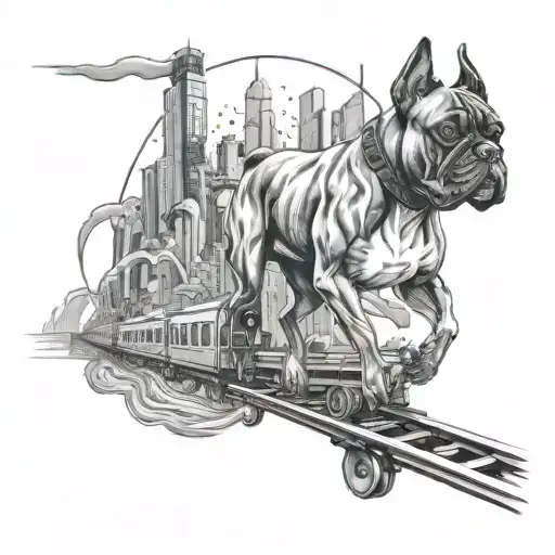 A Surreal Scene Of A Boxer Dog Riding A Train Through A Futuristic Cityscape